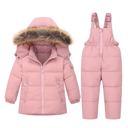 BRONG Winter Kinder Schneeanzug Unisex Jacke Abnehmbar Kapuze Daunen Mantel mit Schneehose 2 Stück Baby Ski Outfit Satz Rosa 18-24 Monate von BRONG