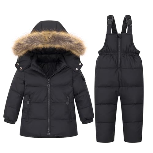 BRONG Winter Kinder Schneeanzug Unisex Jacke Abnehmbar Kapuze Daunen Mantel mit Schneehose 2 Stück Baby Ski Outfit Satz Schwarz 18-24 Monate von BRONG