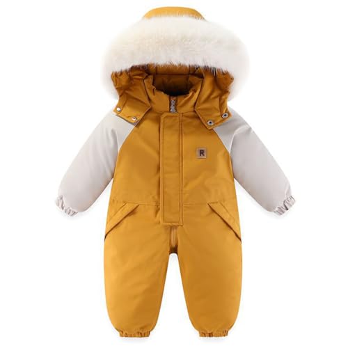BRONG Winter Schneeanzug Kinder Overall Wasserdicht Ein Stück Jumpsuit mit Kapuze Strampler Fleecefutter Skijacken für Mädchen und Jungen Gelb 2-3 Jahre von BRONG