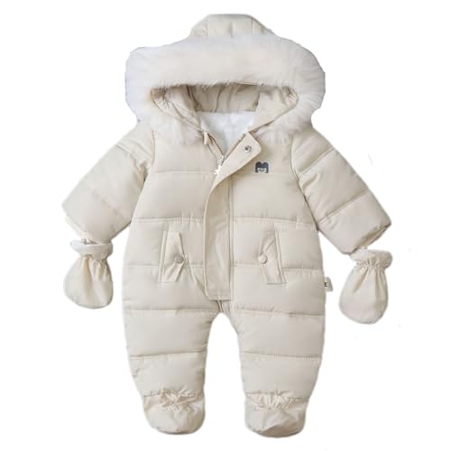 Baby Winter Schneeanzug Kleinkind Vlies Strampler mit Kapuze Jumpsuit Säugling Overall Jungen Mädchen Warm Reißverschluss Oberbekleidung mit Handschuhen Beige 9-12 Monate von BRONG