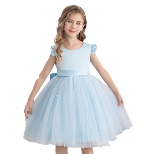 Blumenmädchenkleider für Hochzeiten Brautjungfer Kleider Schleifenknoten Prinzessin Tüll Kleid Kinder Formal Ballkleid Abend Kommunionskleid Taufkleider Mädchen Blau 6-7 Jahre von BRONG
