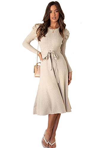 Elegantes Strickkleid für Damen, Rundhalsausschnitt, Frühling, Winter, lange Ärmel, Tunika, schmales Pulloverkleid mit Gürtel, khaki, L von BRONG