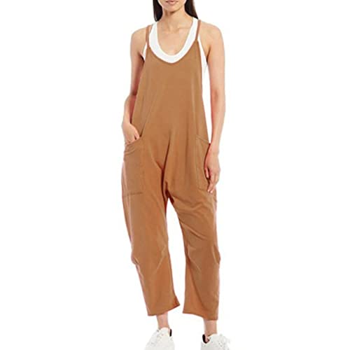 Latzhose Damen Arbeitshose Lose Ausgebeult Ärmellose Overalls Frauen Einstellbar Lätzchen Hose Damen Jumpsuit Langes Spielanzug Hose mit Großer Tasche Strampler Braun XXL von BRONG