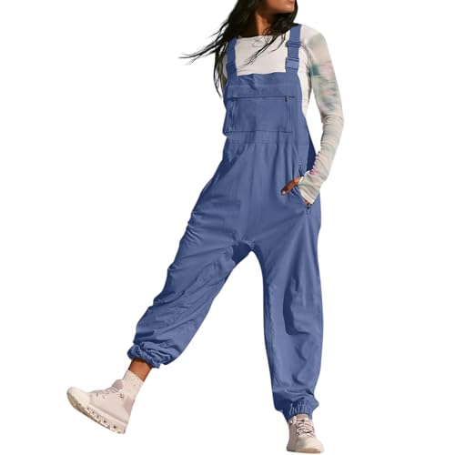 Latzhose Damen Arbeitshose Weites Bein Jumpsuit Verstellbar Riemen Hose Reißverschlusstasche Lose Passform Baggy Latzhose für Frauen Lang Spielanzug Hose Blau L von BRONG