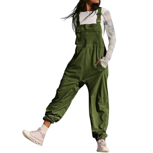 Latzhose Damen Arbeitshose Weites Bein Jumpsuit Verstellbar Riemen Hose Reißverschlusstasche Lose Passform Baggy Latzhose für Frauen Lang Spielanzug Hose Grün S von BRONG