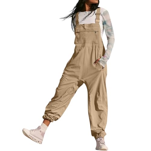 Latzhose Damen Arbeitshose Weites Bein Jumpsuit Verstellbar Riemen Hose Reißverschlusstasche Lose Passform Baggy Latzhose für Frauen Lang Spielanzug Hose Khaki L von BRONG