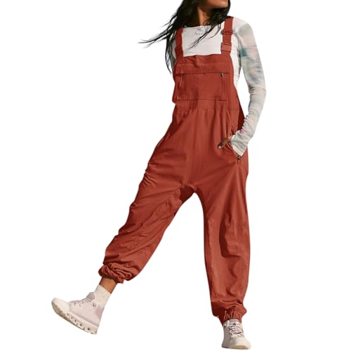 Latzhose Damen Arbeitshose Weites Bein Jumpsuit Verstellbar Riemen Hose Reißverschlusstasche Lose Passform Baggy Latzhose für Frauen Lang Spielanzug Hose Rot L von BRONG