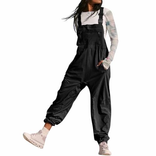 Latzhose Damen Arbeitshose Weites Bein Jumpsuit Verstellbar Riemen Hose Reißverschlusstasche Lose Passform Baggy Latzhose für Frauen Lang Spielanzug Hose Schwarz XXL von BRONG