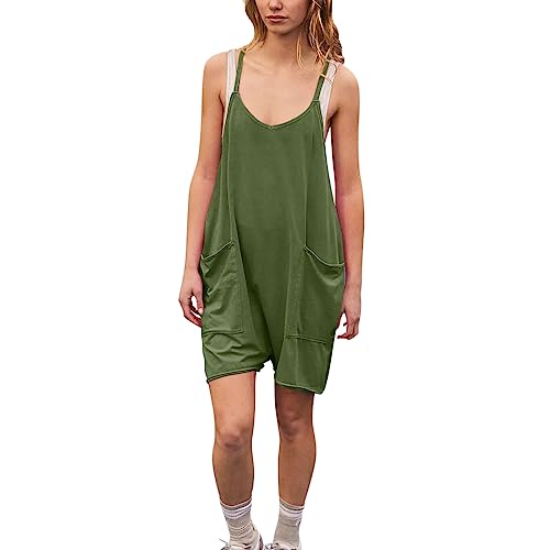 Latzhose Damen Kurz Hosen Sommer Jumpsuit Lässig Damen Latzhose Baggy Overall Damen Strampelanzug Verstellbar Schulter Riemen Einteilig Baumwolle Latzhose Armeegrün S von BRONG