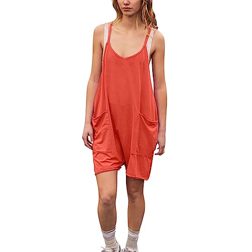 Latzhose Damen Kurz Hosen Sommer Jumpsuit Lässig Damen Latzhose Baggy Overall Damen Strampelanzug Verstellbar Schulter Riemen Einteilig Baumwolle Latzhose Rot S von BRONG