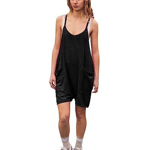 Latzhose Damen Kurz Hosen Sommer Jumpsuit Lässig Damen Latzhose Baggy Overall Damen Strampelanzug Verstellbar Schulter Riemen Einteilig Baumwolle Latzhose Schwarz L von BRONG