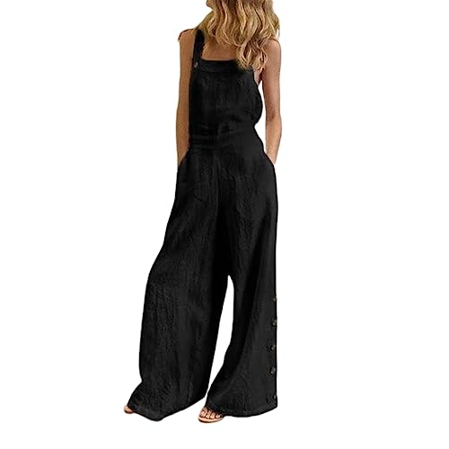 Latzhose Damen Sommer Baggy Weites Bein Jumpsuit Ärmellos Overall Lose Frauen Strampler Lässig Tasche Spielanzug Baumwolle Hose Verstellbar Latzhosen Schwarz M von BRONG