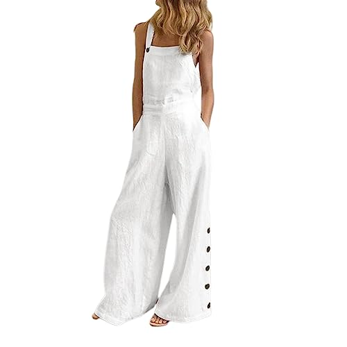 Latzhose Damen Sommer Baggy Weites Bein Jumpsuit Ärmellos Overall Lose Frauen Strampler Lässig Tasche Spielanzug Baumwolle Hose Verstellbar Latzhosen Weiß XL von BRONG