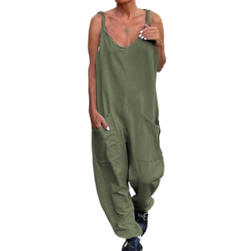 Latzhose Damen Sommer Overalls Lässig Baggy Ärmellos Jumpsuits Frauen Weites Bein Latzhosen mit Taschen Lose Hosen Grün XL von BRONG