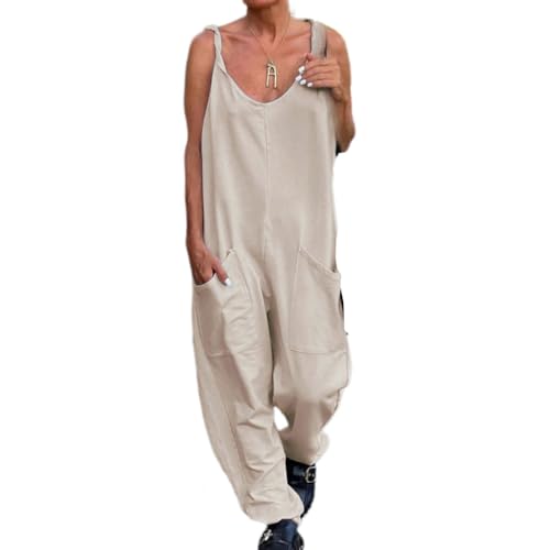 Latzhose Damen Sommer Overalls Lässig Baggy Ärmellos Jumpsuits Frauen Weites Bein Latzhosen mit Taschen Lose Hosen Khaki 3XL von BRONG