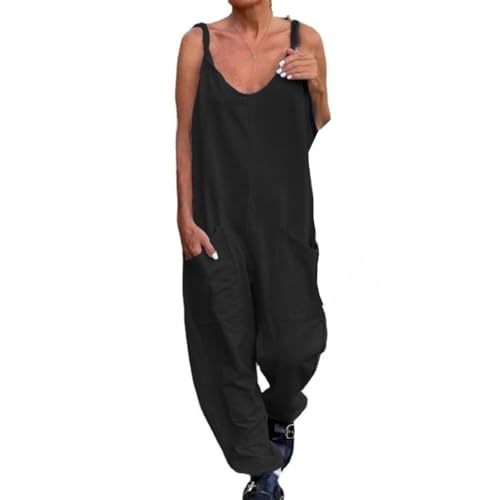 Latzhose Damen Sommer Overalls Lässig Baggy Ärmellos Jumpsuits Frauen Weites Bein Latzhosen mit Taschen Lose Hosen Schwarz 3XL von BRONG