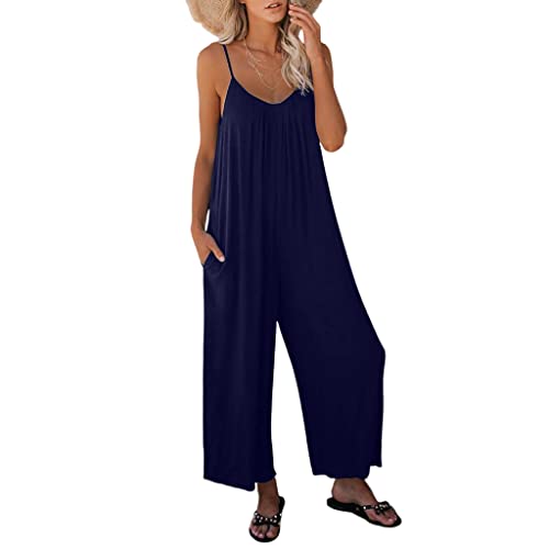 Latzhose Damen Sommer Stretch Oversize Overall Damen Baggy Jumpsuits für Frauen Lose Ärmellos Arbeitshose Hosen Baumwolle Strampler mit Tasche Blau XL von BRONG