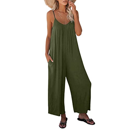 Latzhose Damen Sommer Stretch Oversize Overall Damen Baggy Jumpsuits für Frauen Lose Ärmellos Arbeitshose Hosen Baumwolle Strampler mit Tasche Grün L von BRONG