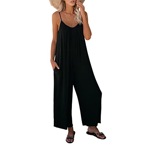 Latzhose Damen Sommer Stretch Oversize Overall Damen Baggy Jumpsuits für Frauen Lose Ärmellos Arbeitshose Hosen Baumwolle Strampler mit Tasche Schwarz L von BRONG