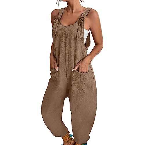 Latzhose Damen Sommer Weites Bein Jumpsuit mit Tasche Lässig Lose Overall für Frauen Strampler Ärmellos Riemchen Latzhose Verstellbar Strampelanzüge Braun S von BRONG