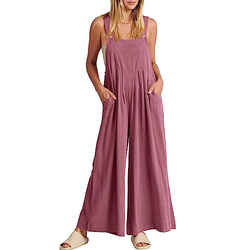 Leinen Jumpsuits für Damen Sommer Latzhose Baggy Frauen Overall Strampler Verstellbar Latzhosen ÜbergrößE Baumwolle Weites Bein Hosen Rosa M von BRONG