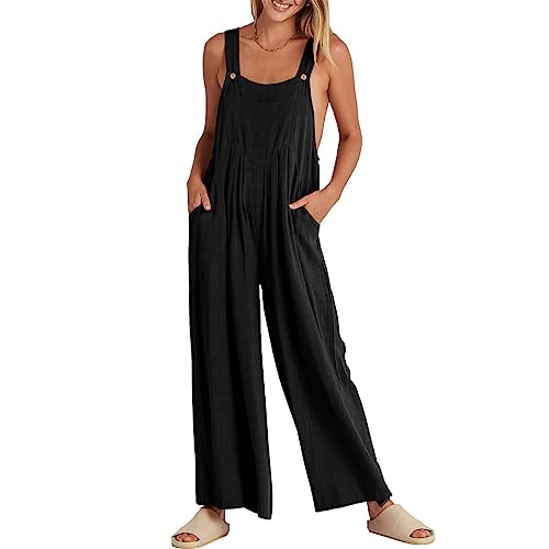 Leinen Jumpsuits für Damen Sommer Latzhose Baggy Frauen Overall Strampler Verstellbar Latzhosen ÜbergrößE Baumwolle Weites Bein Hosen Schwarz M von BRONG