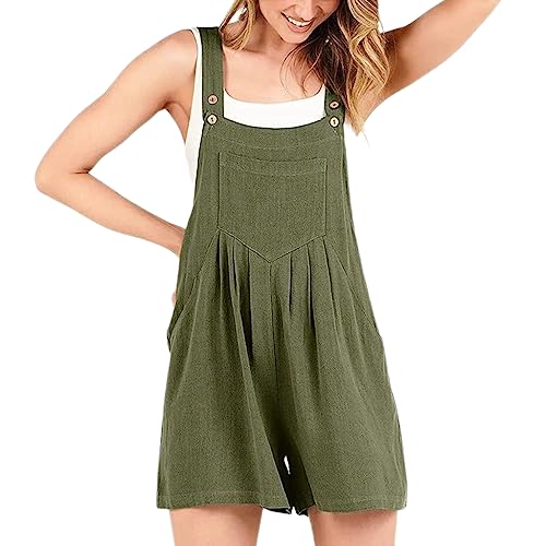 Leinen Latzhose Damen Sommer Weites Bein Baggy Jumpsuit Lässig Lose Overall Frauen Ärmellos Baumwolle Strampler Verstellbare Riemen Lätzchen Spielanzug Grün 3XL von BRONG