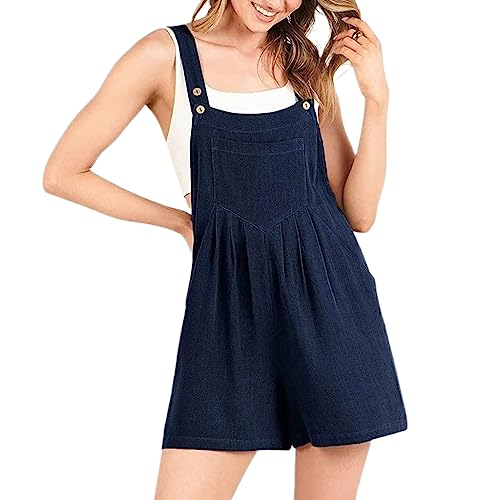 Leinen Latzhose Damen Sommer Weites Bein Baggy Jumpsuit Lässig Lose Overall Frauen Ärmellos Baumwolle Strampler Verstellbare Riemen Lätzchen Spielanzug Marineblau L von BRONG