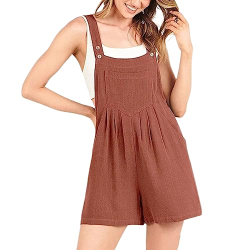 Leinen Latzhose Damen Sommer Weites Bein Baggy Jumpsuit Lässig Lose Overall Frauen Ärmellos Baumwolle Strampler Verstellbare Riemen Lätzchen Spielanzug Rot S von BRONG