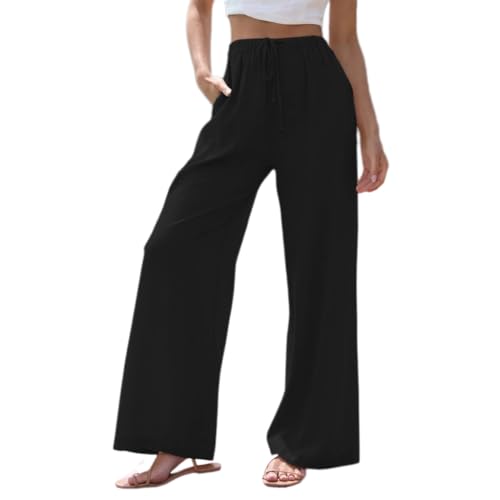 Leinenhose Damen Sommer Weites Bein Hose Solide Gummizug Freizeithose Baumwolle Damen Hosen Lässig Luftige Jogginghose mit Seitentasche Schwarz L von BRONG