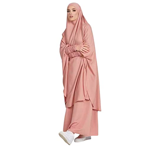 Muslimische Kleider Damen Gebetskleidung für Frauen Khimar 2 Teilig Abaya Damen mit Hijab Set Lose Jilbab Lang Kleid + Gebet Maxi Rock mit Niqab Muslim Gebet Ausstattung Rosa von BRONG