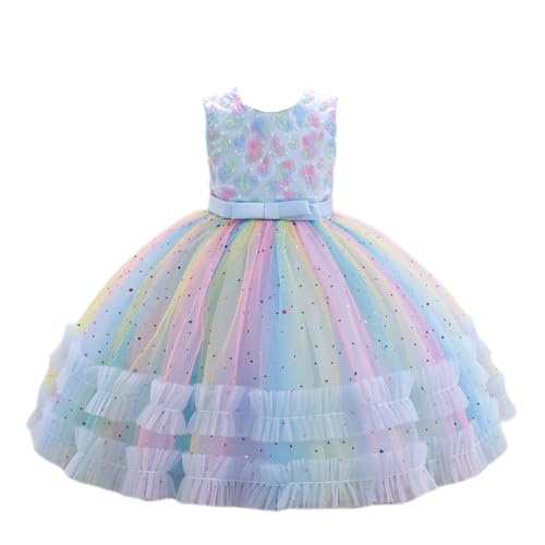 Sommer Blumenmädchenkleider Hochzeit Prinzessin Party Kleid Outfits Falten Rock Mädchen Schleife Reißverschluss Tüll Kleid Tütü Kinder Blau 8-9 Jahre von BRONG