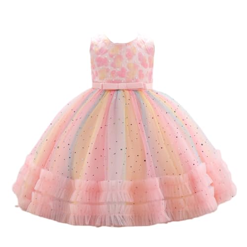 Sommer Blumenmädchenkleider Hochzeit Prinzessin Party Kleid Outfits Falten Rock Mädchen Schleife Reißverschluss Tüll Kleid Tütü Kinder Rosa 6-7 Jahre von BRONG