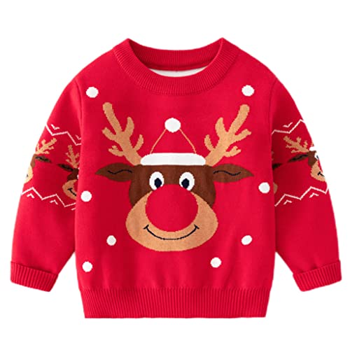 Weihnachtspullover Kinder Strickpullover Winter-Sweatshirt Langarm Pullover für Jungen Kleinkind Mädchen Hirsch Baumwolle Top 5-6 Jahre Rot von BRONG