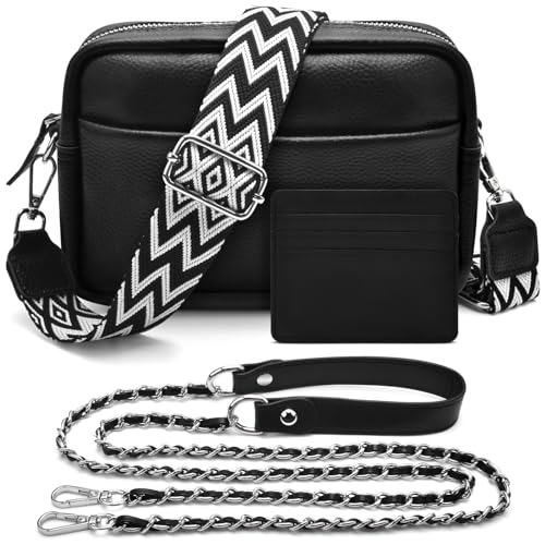 BROTOU Handy Umhängetasche Echtes Leder Crossbody Bag mit 2 Breitem Schultergurt Kartenhalter, Schwarz UmhäNgetasche Damen Leder UmhäNgetasche Damen, Kleine Umhängetasche Damen mit 3 Fächern (S) von BROTOU