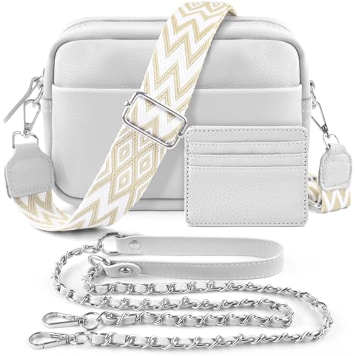 BROTOU Kleine Umhängetasche Echtes Leder Crossbody Bag Damen mit 2 Breitem Schultergurt Kartenhalter,Handtasche Leder Handy Umhängetasche Kleine Tasche Damen mit 3 Fächern(S-Weiß) von BROTOU