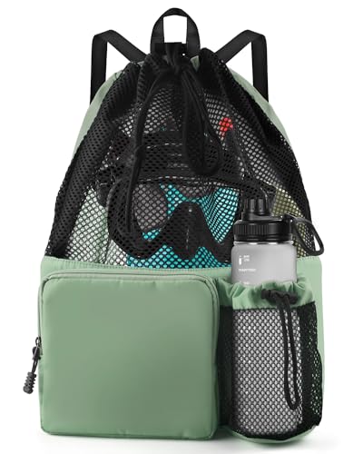 BROTOU Schwimmen Tasche, Schwimmtasche Mesh-Rucksack mit Kordelzug, Strandrucksack Turnbeutel Sportbeutel Verstellbar Tunnelzug Gymsack Wasserfest Sporttasche für Herren Damen Kinder Jugend (Grün) von BROTOU