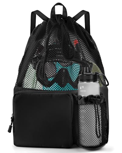 BROTOU Schwimmen Tasche, Schwimmtasche Mesh-Rucksack mit Kordelzug, Strandrucksack Turnbeutel Sportbeutel Verstellbar Tunnelzug Gymsack Wasserfest Sporttasche für Herren Damen Kinder Jugend (Schwarz) von BROTOU