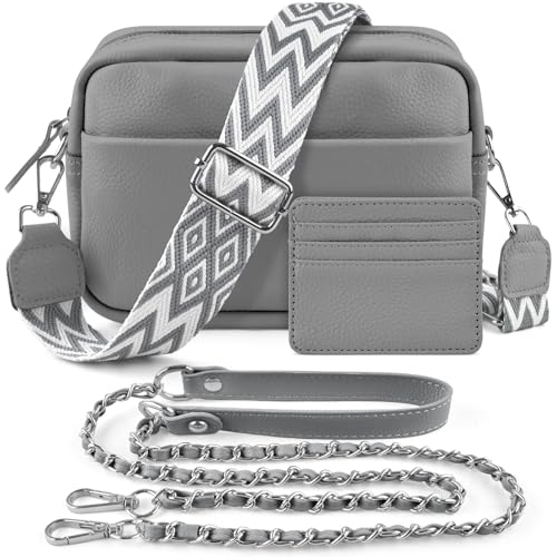 BROTOU Umhängetasche Damen Echtes Leder,Crossbody Bag Damen mit 2 Breitem Schultergurt Kartenhalter,Handtasche Leder Small handbag,Kleine Tasche Damen mit 3 Fächern(S-Grau) von BROTOU