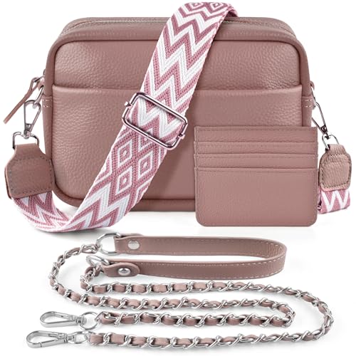 BROTOU Umhängetasche Damen Echtes Leder Crossbody Bag mit 2 Breitem Schultergurt Kartenhalter,Handtasche Leder Handy Umhängetasche, Kleine Tasche Damen mit 3 Fächern(Dunkelrosa) von BROTOU
