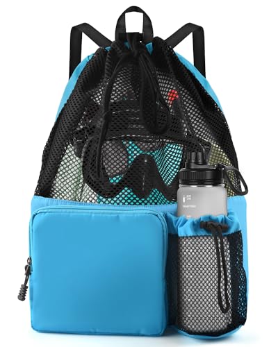 Schwimmen Tasche, BROTOU Schwimmtasche Mesh-Rucksack mit Kordelzug, Strandrucksack Turnbeutel Sportbeutel Verstellbar Tunnelzug Gymsack Wasserfest Sporttasche für Herren Damen Kinder Jugend (Hellblau) von BROTOU