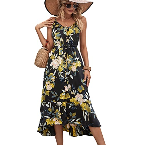 BROVAVE Damen 2023 Sommer Casual Boho Sommerkleid Polka Dot Spaghetti Strap V Ausschnitt Flowy Midi Kleider, 008 Gelbes Blumenmuster, Groß von BROVAVE