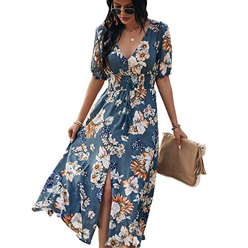 BROVAVE Damen Sommerkleid, lässig, kurzärmelig, Blumendruck, Bohemian-Stil, V-Ausschnitt, fließendes Midi-Kleid mit Schlitz - Blau - X-Groß von BROVAVE