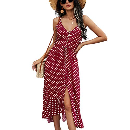 BROVAVE Damen Sommerkleid 2024 Sommer Casual Boho Sommerkleid Polka Dot Spaghettiträger V-Ausschnitt Flowy Midi Kleider, 008 Weinrot, Groß von BROVAVE