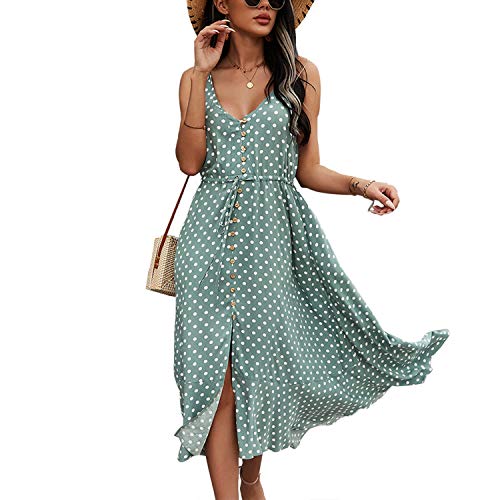 BROVAVE Damen Sommerkleid 2025 Casual Boho Sommerkleid Polka Dot Spaghettiträger V-Ausschnitt Flowy Midi Kleider, Grün , X-Groß von BROVAVE