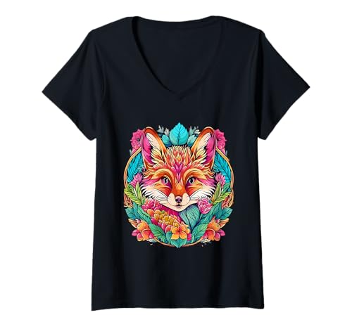 Damen Brauner Fuchs mit bunten Blättern und Blumen, lustiges Design T-Shirt mit V-Ausschnitt Damen Brauner Fuchs mit bunten Blättern und Blumen, lustiges Design T-Shirt mit V-Ausschnitt von BROWN FOX W/ PASTEL COLORFUL LEAVES AND FLOWERS