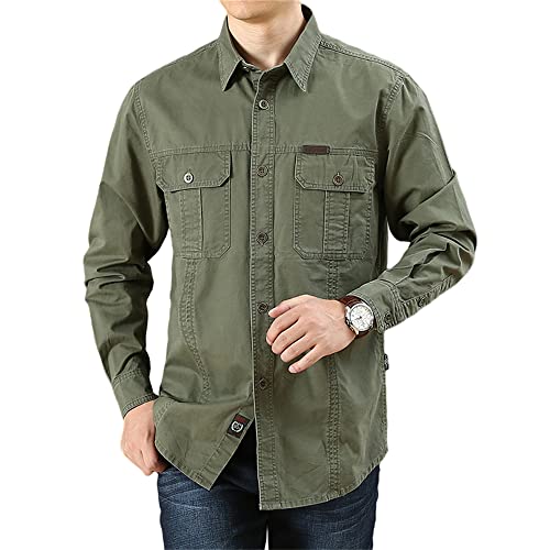 BROZZY Hemd Herren Basic Casual Herren Langarm Hemd Neue Medium Jugend Hemd Herren Arbeitskleidung Taschenhemd D-Army Green 3XL von BROZZY