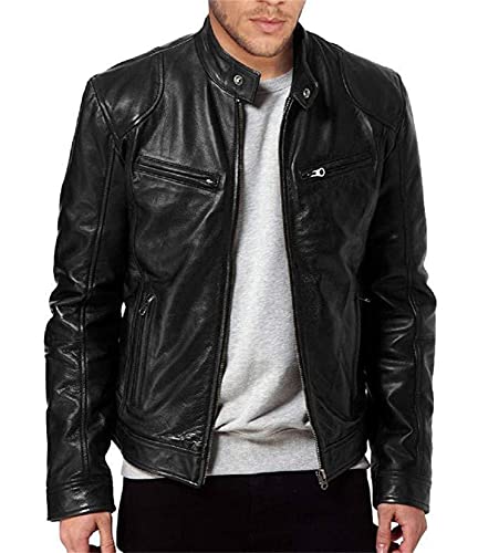 BROZZY Jacke Herren Langarm Stehkragen Einfarbig Jacke Herren Casual Motorradjacke Zip Dekoration Gutaussehend Lederimitat Jacke Herren Mode Jacke Herren D-Black1 M von BROZZY