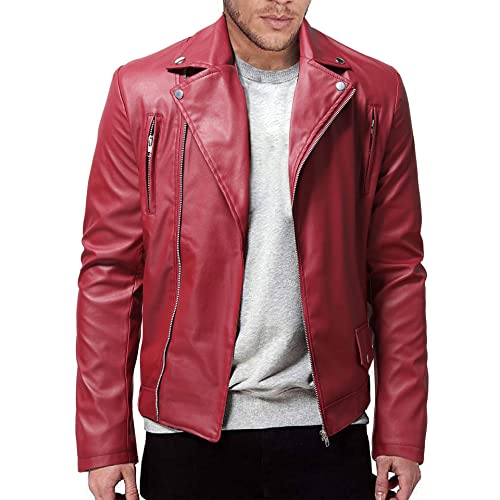 BROZZY Jacke Herren Langarm Stehkragen Einfarbig Jacke Herren Casual Motorradjacke Zip Dekoration Gutaussehend Lederimitat Jacke Herren Mode Jacke Herren L-Red2 L von BROZZY