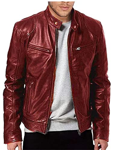 Jacke Herren Langarm Stehkragen Einfarbig Jacke Herren Casual Motorradjacke Zip Dekoration Gutaussehend Lederimitat Jacke Herren Mode Jacke Herren B-Red1 M von BROZZY